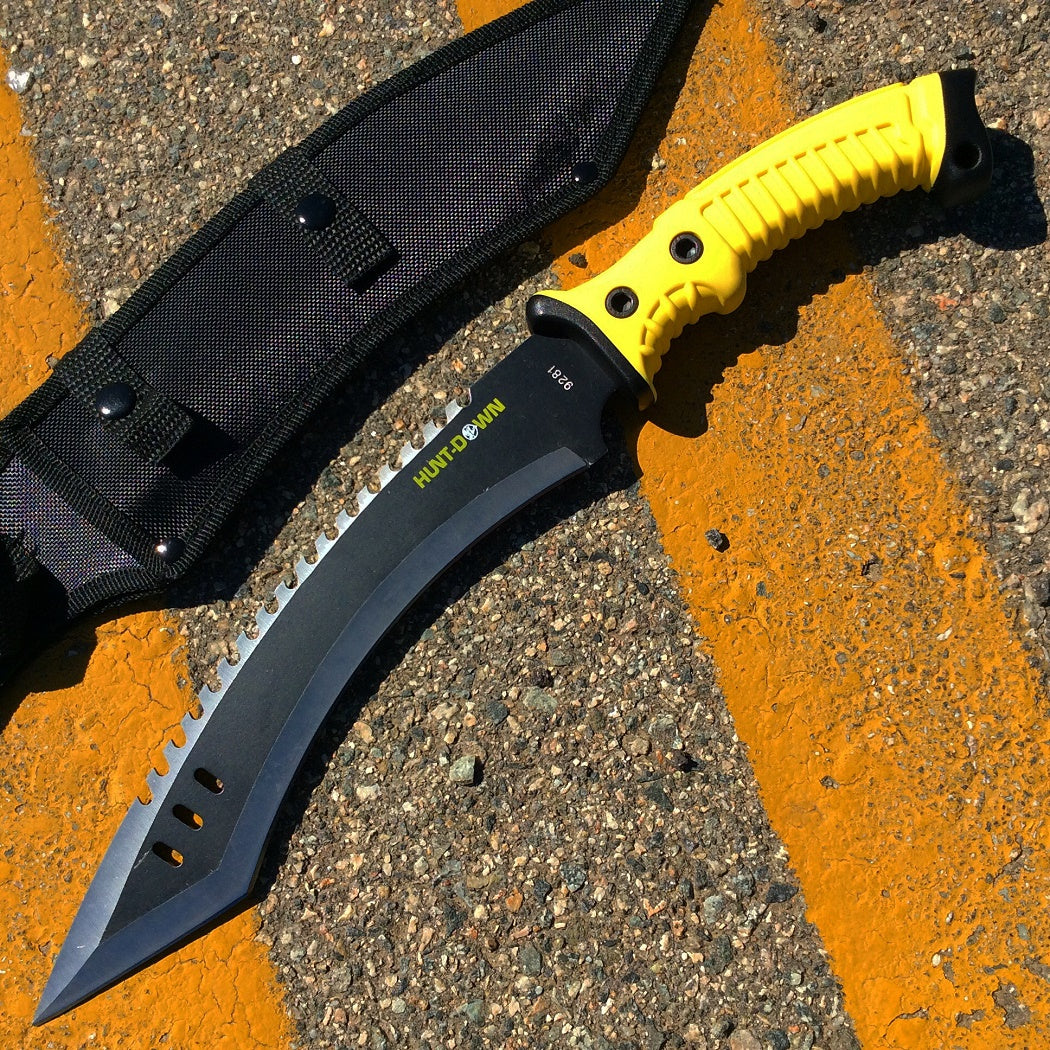 16" Hunt-Down Full Tang Hunting Knife with Black/Yellow Rubber Handle