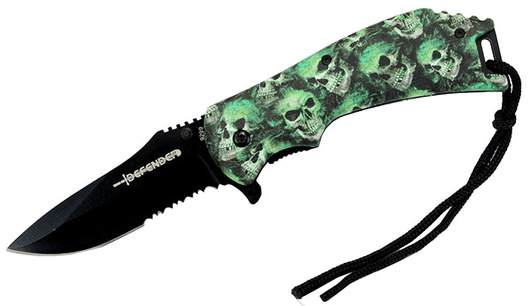 8" Spring Assisted Skull Green Handle Knife