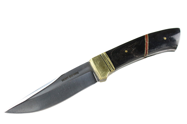 8.5" Huntdown Full Tang Knife with Black Handle & Leather Sheath