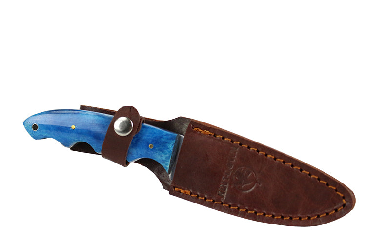 8" Huntdown Full Tang Hunting Knife with Blue Handle and Leather Sheath