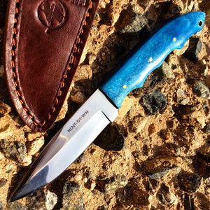 8" Huntdown Full Tang Hunting Knife with Blue Handle and Leather Sheath