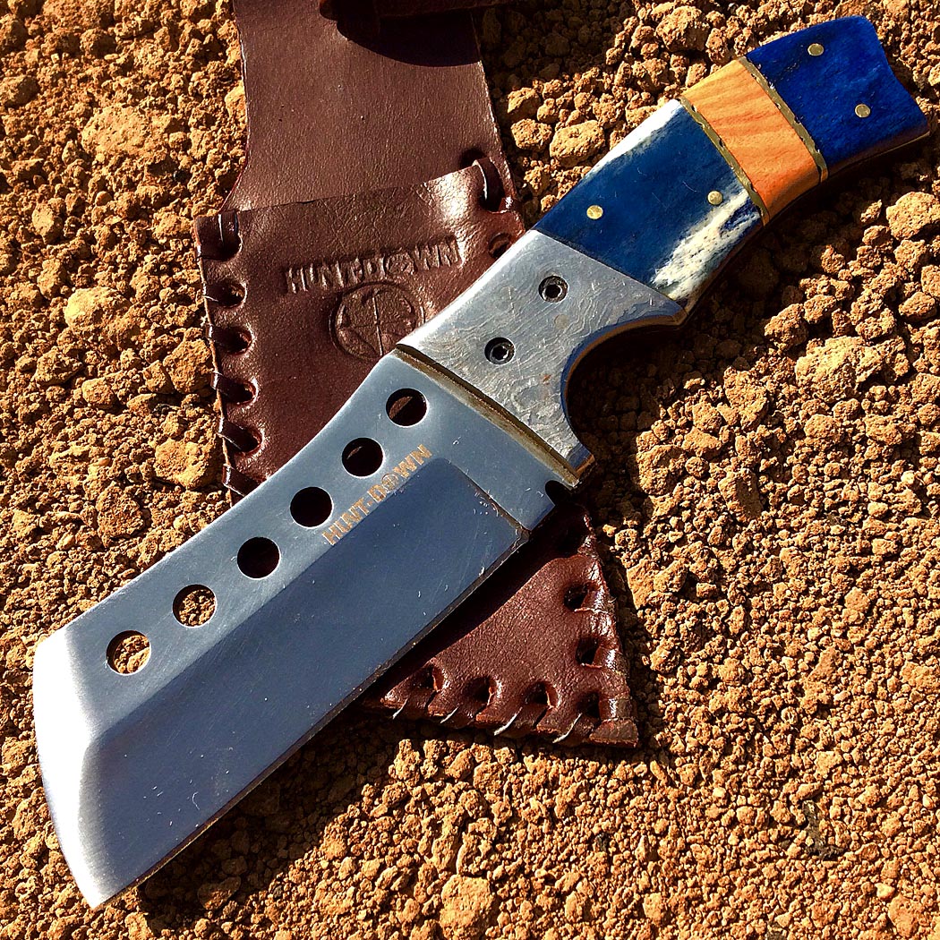 9" Huntdown Full Tang Hunting Knife with Damascus Handle and Leather Sheath