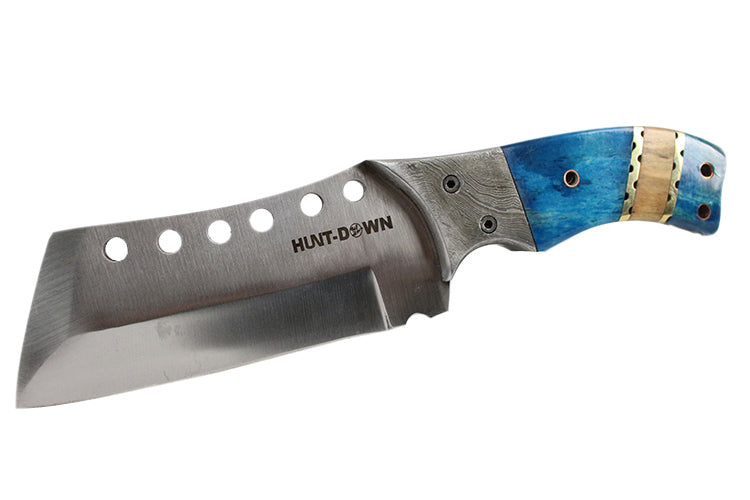 9" Huntdown Full Tang Hunting Knife with Damascus Handle and Leather Sheath