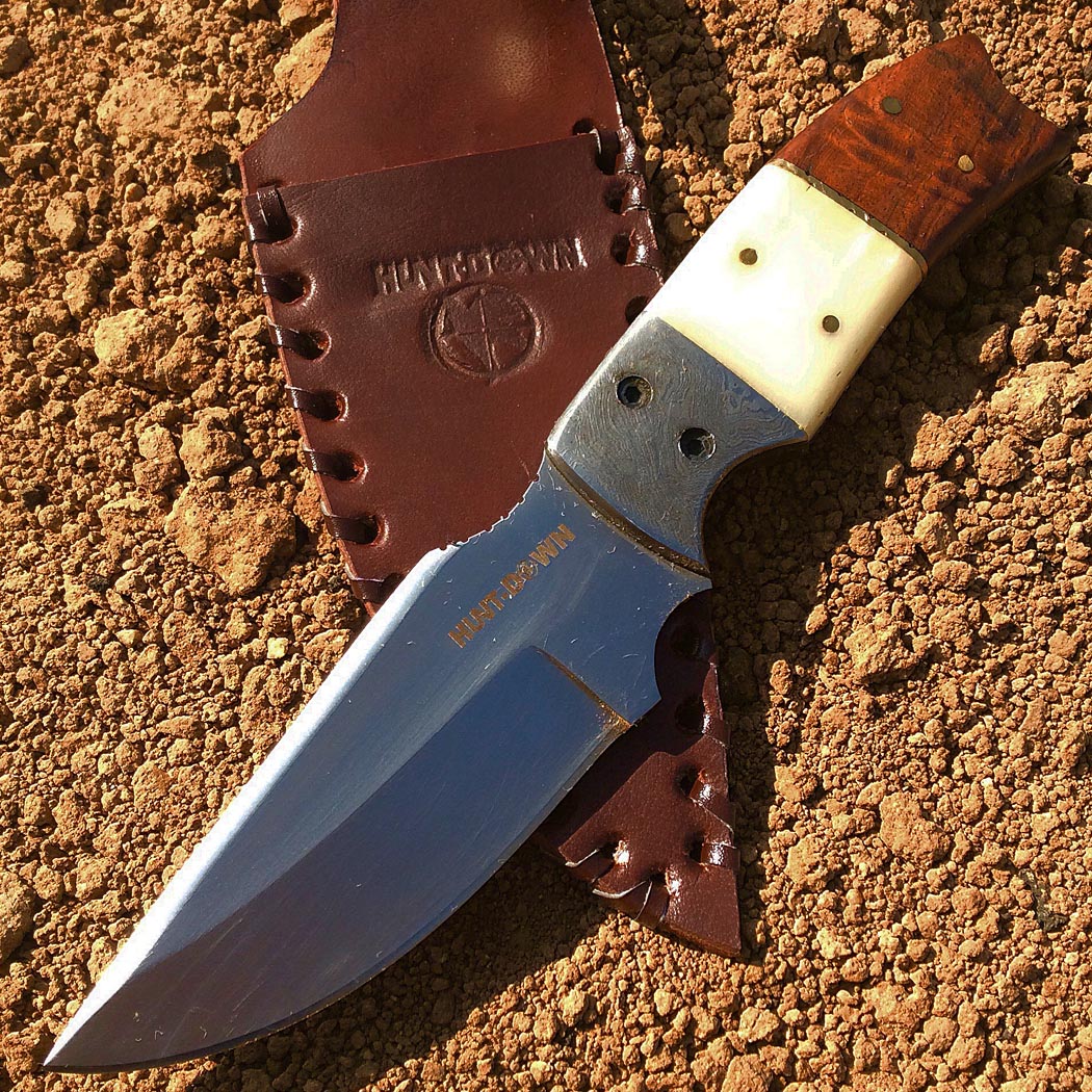 Hunt Down 9.5" Bone Handle Demascus Bolster Stainless Steel Hunting Knife With Leather Sheath