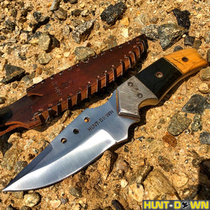 9" Huntdown Full Tang Drop Pointed Hunting Knife with Decorative Handle and Leather Sheath