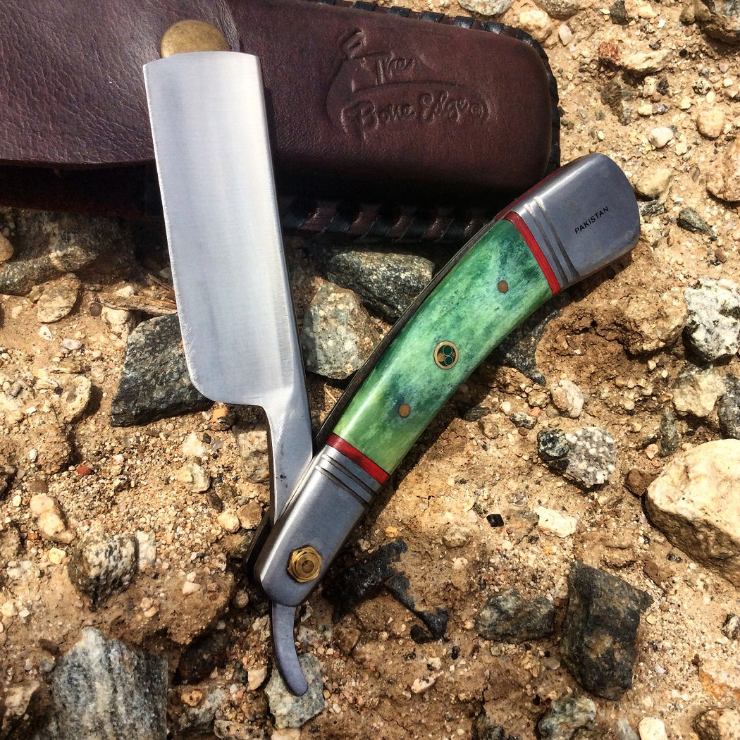 9.5" The Bone Edge Hand Made Green Razor Blade with Leather Sheath
