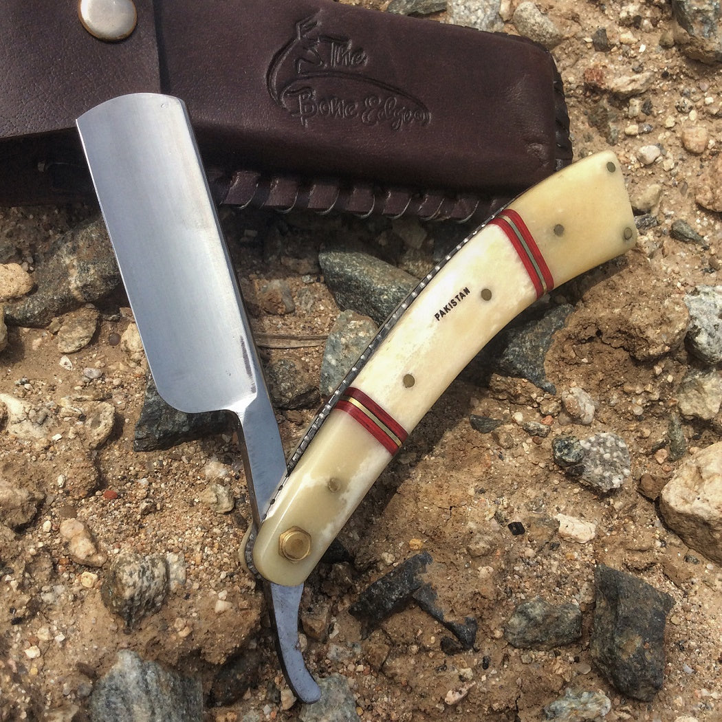 9.5" The Bone Edge Hand Made Red/White Razor Blade with Leather Sheath