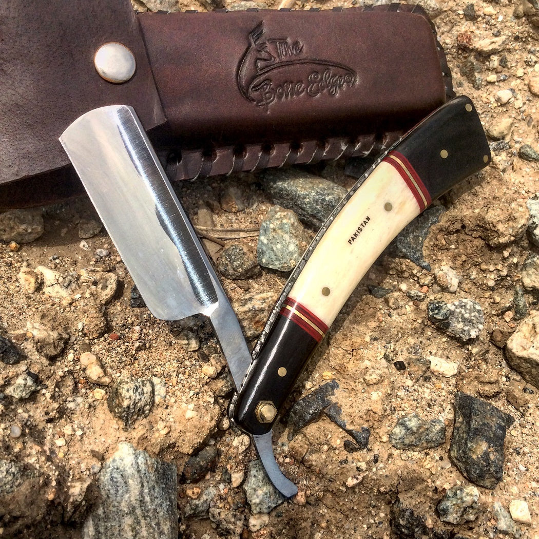 9.5" The Bone Edge Hand Made Black/White Razor Blade with Leather Sheath