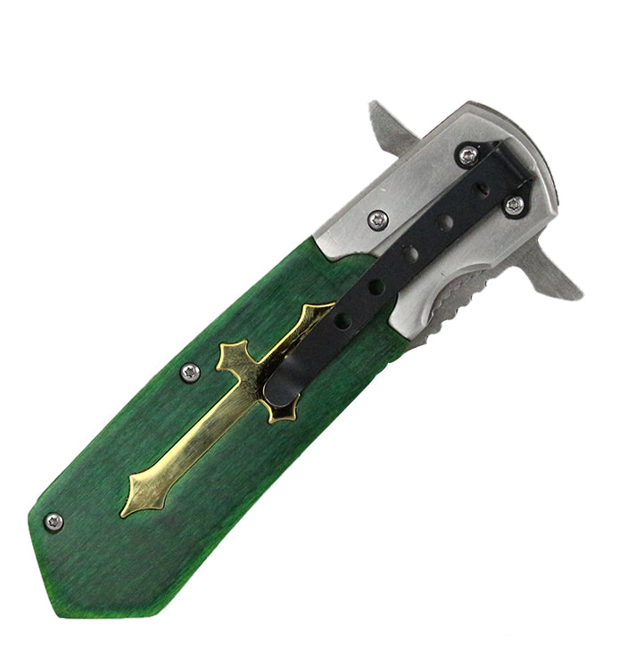 9.5" Defender Xtreme Spring Assisted Folding Knife Green Cross Handle