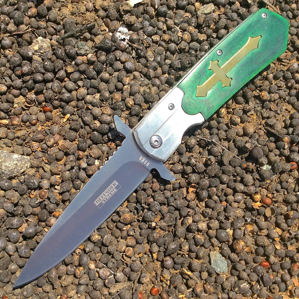 9.5" Defender Xtreme Spring Assisted Folding Knife Green Cross Handle