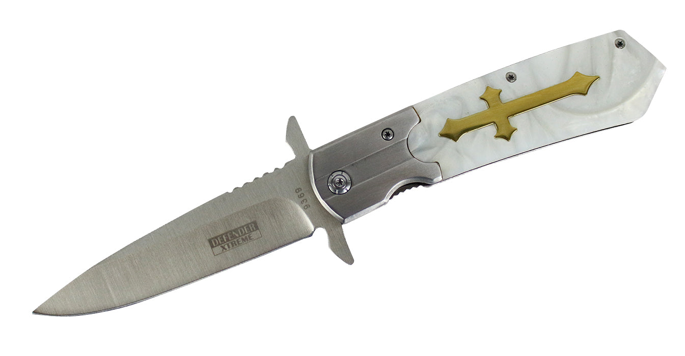 9" Defender Xtreme Spring Assisted Knife with White Glossy Handle