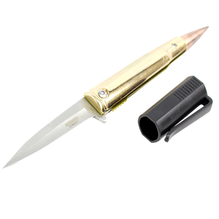 5.5" Defender Xtreme Gold Bullet Handle Spring Assisted Knife With Belt Clip