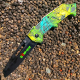 8" Zomb War Spring Assisted Clip Point Knife with Glass Breaker & Rainbow Viper Handle