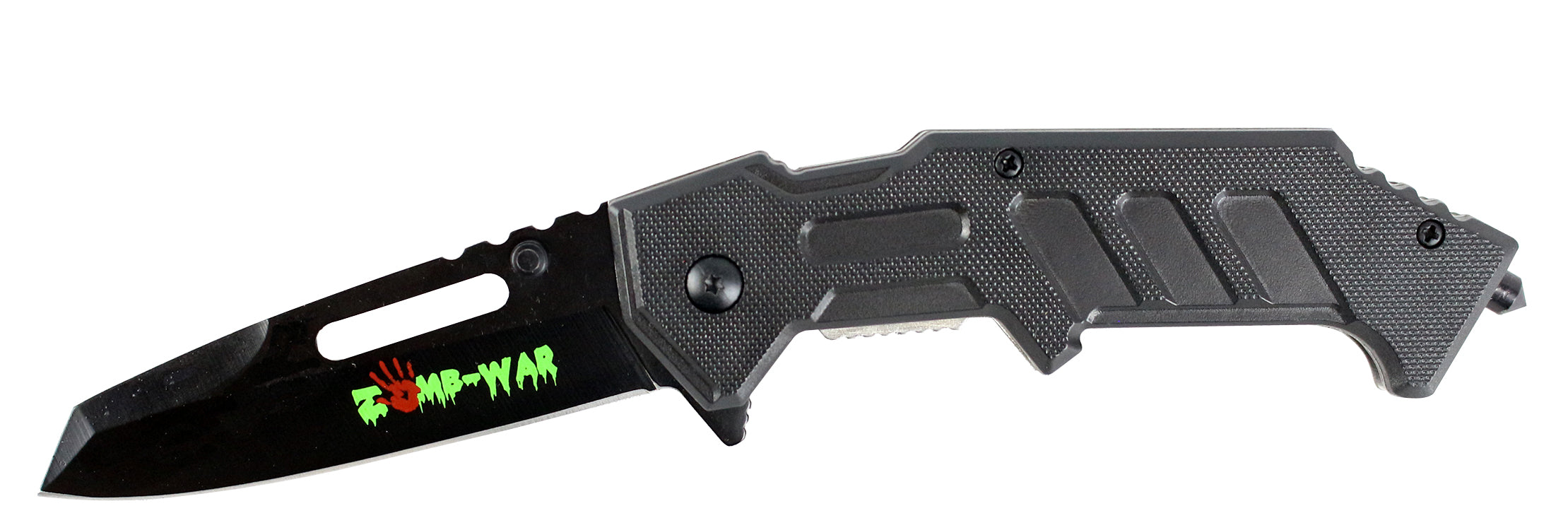 8" Zomb War Spring Assisted Black Clip Point Knife with Glass Breaker & Belt Clip