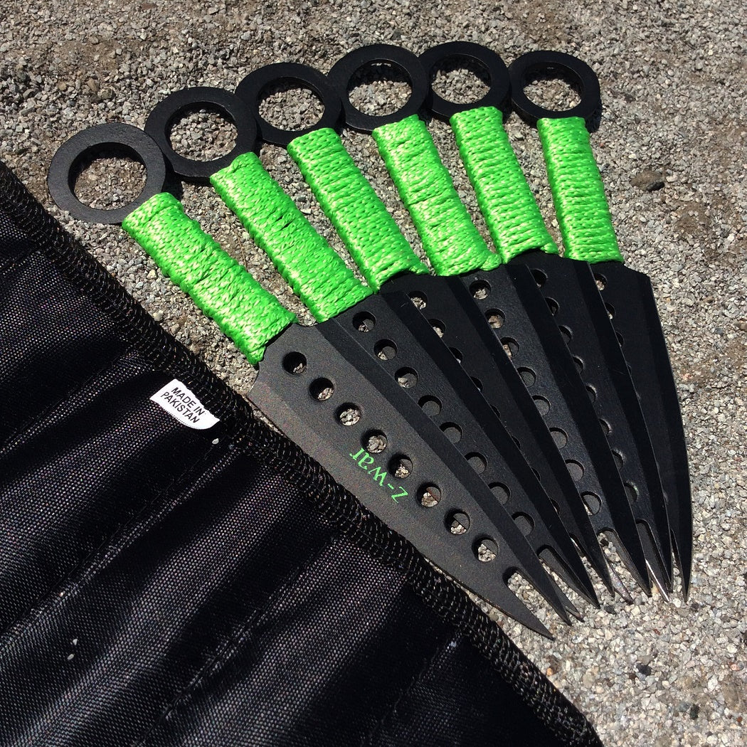 7" Zomb-War Green Threaded Handle Throwing Knives (Set of Six)