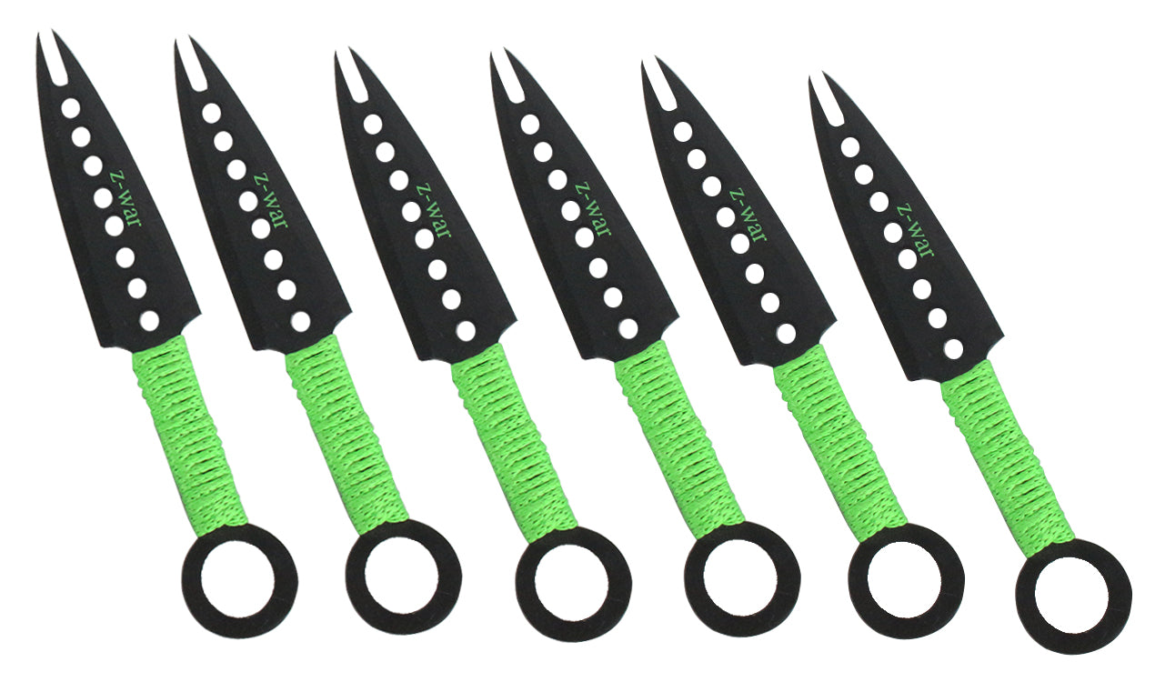 7" Zomb-War Green Threaded Handle Throwing Knives (Set of Six)