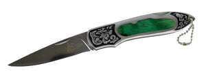 8" The Bone Edge Stainless Steel Folding Knife with Engraved Green Colored Handle