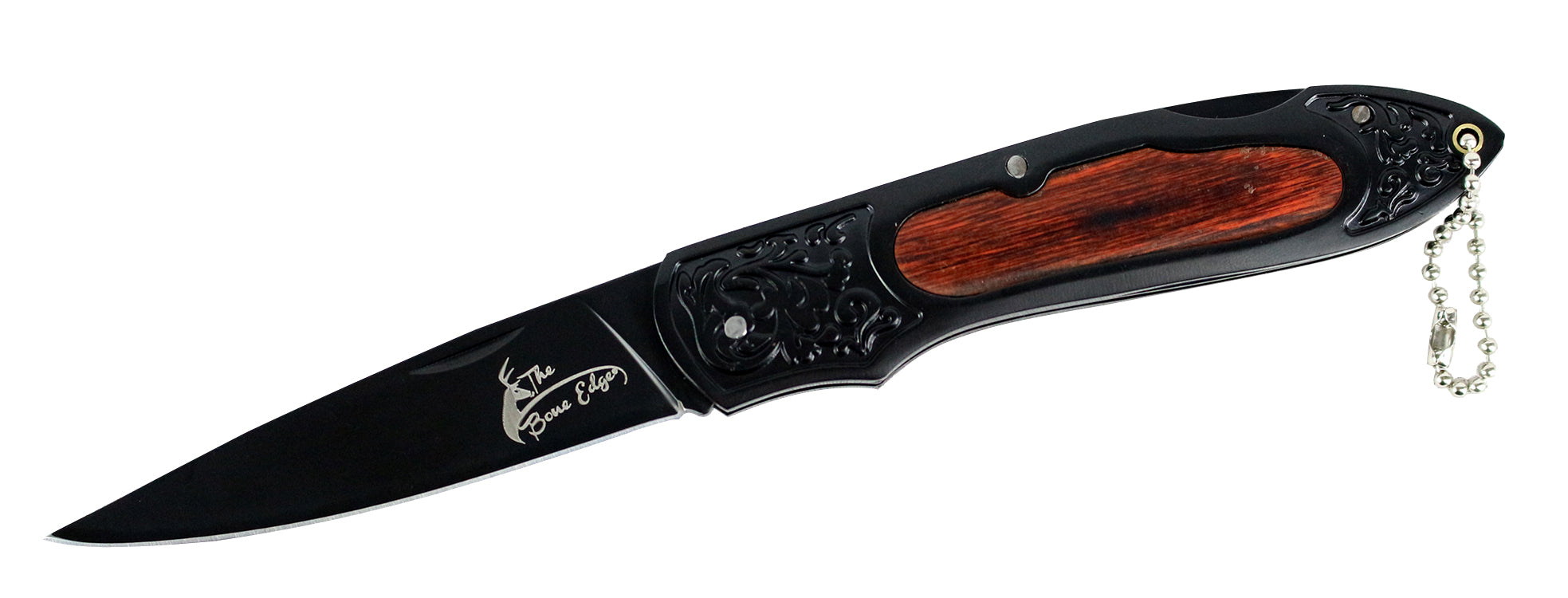 8" The Bone Edge Black Steel Folding Knife with Engraved Wood Handle