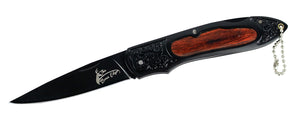 8" The Bone Edge Black Steel Folding Knife with Engraved Wood Handle