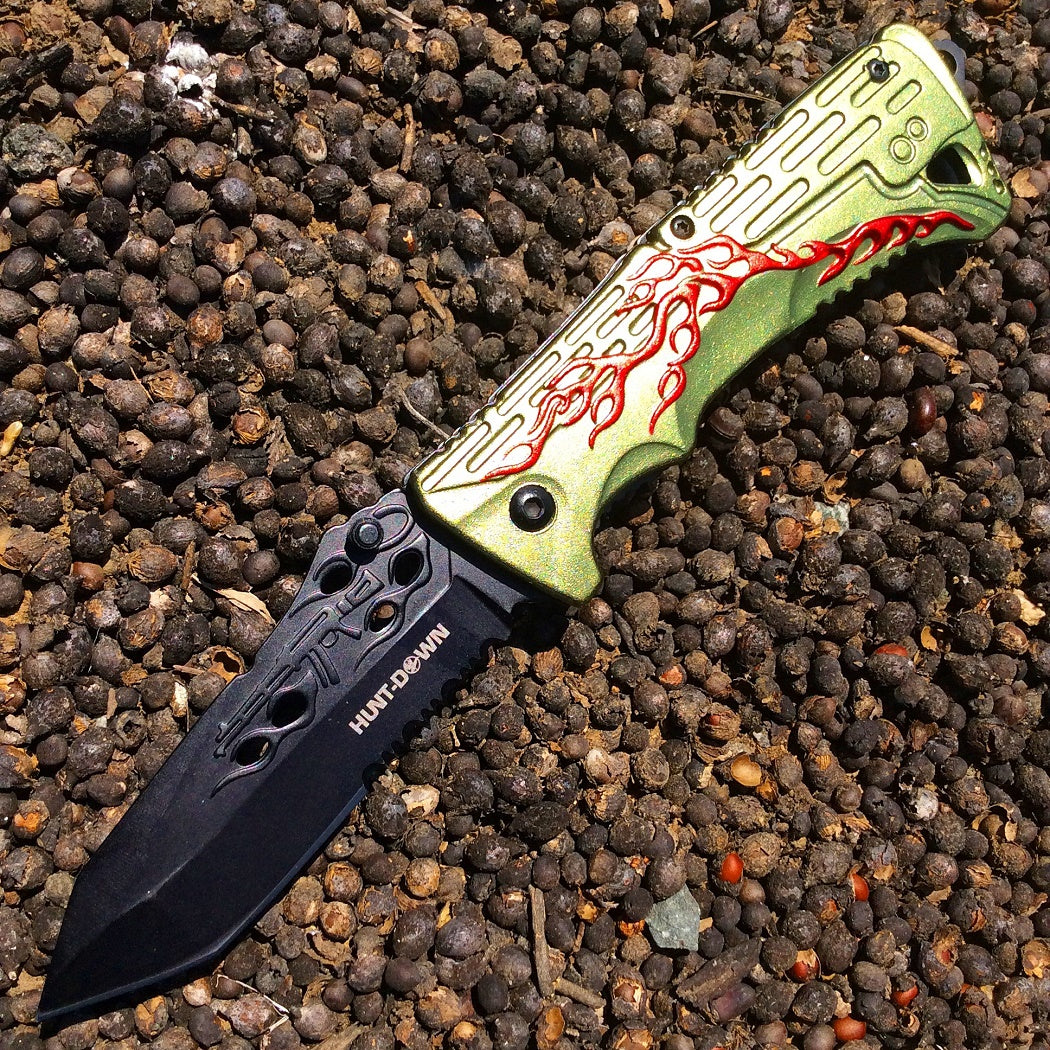 8" Hunt Down Green Handle Tactical Team Spring Assisted Knife With Belt Clip