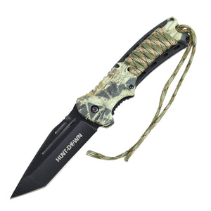 8.5" Woodland Camo Spring Assisted Knife with Fire Starter & Whistle