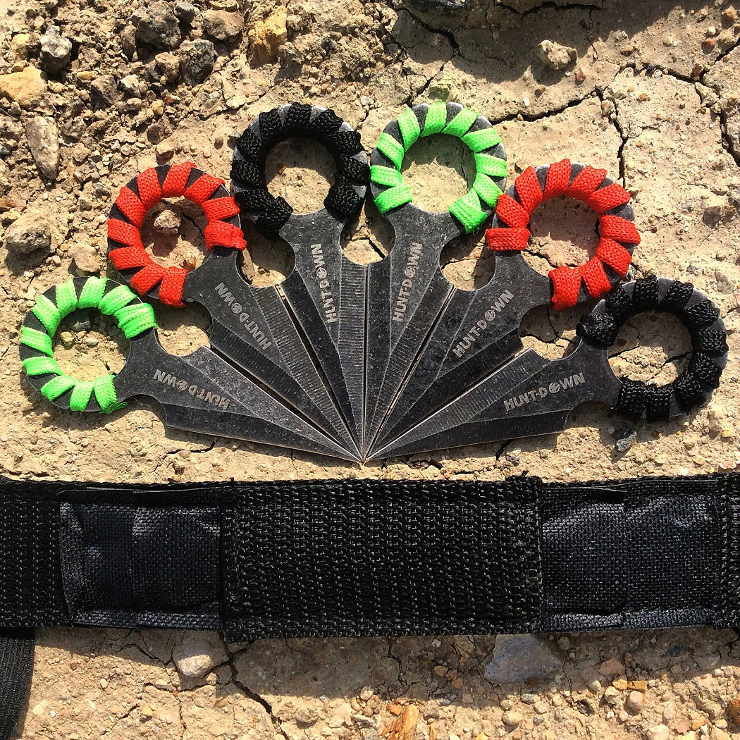 4" Hunt Down Red, Green & Black Rope Wrapped Around Handle Throwing Knives