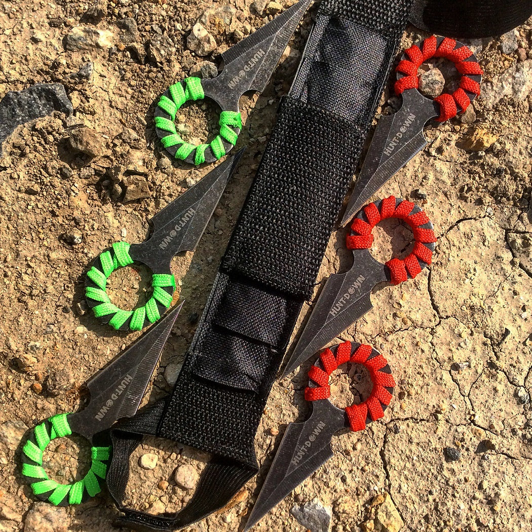 4" Hunt Down Red &Green Rope Wrapped Around Handle Throwing Knives