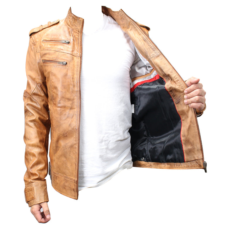 New Mens Genuine Sheep Skin Leather Fashion Jacket Brown 4 Zipped chest Pocket