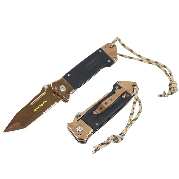 Hunt-Down 7.5" Spring Assisted Bronze Blade Tactical Knife With Black G10 Handle