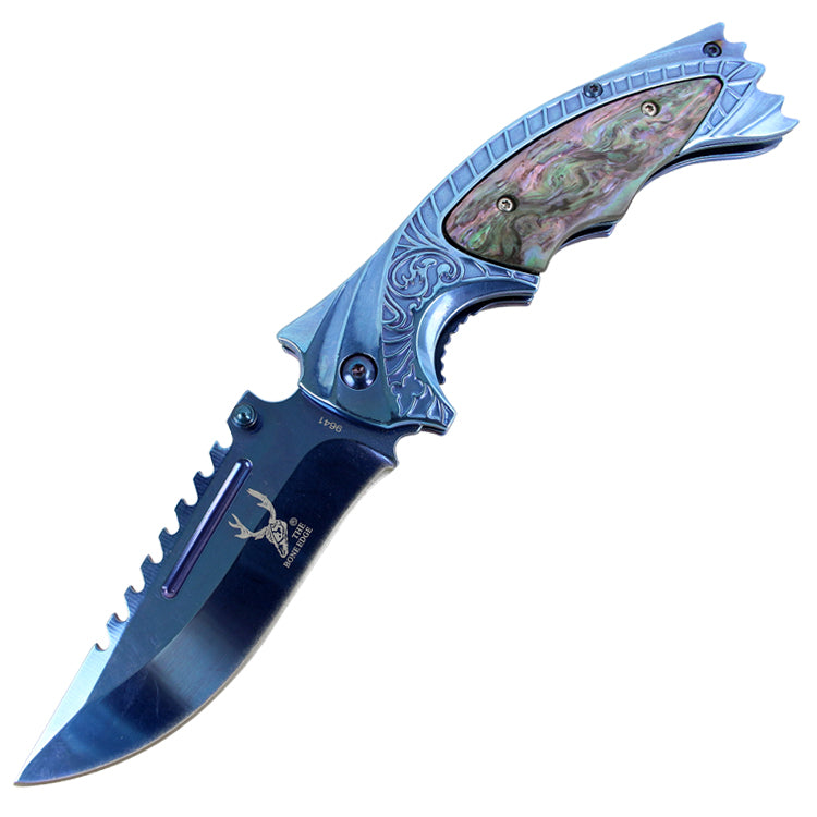 TheBodeEdge 8.5" Spring Assisted Knife with Ridged Top Edge Blue Good Quality