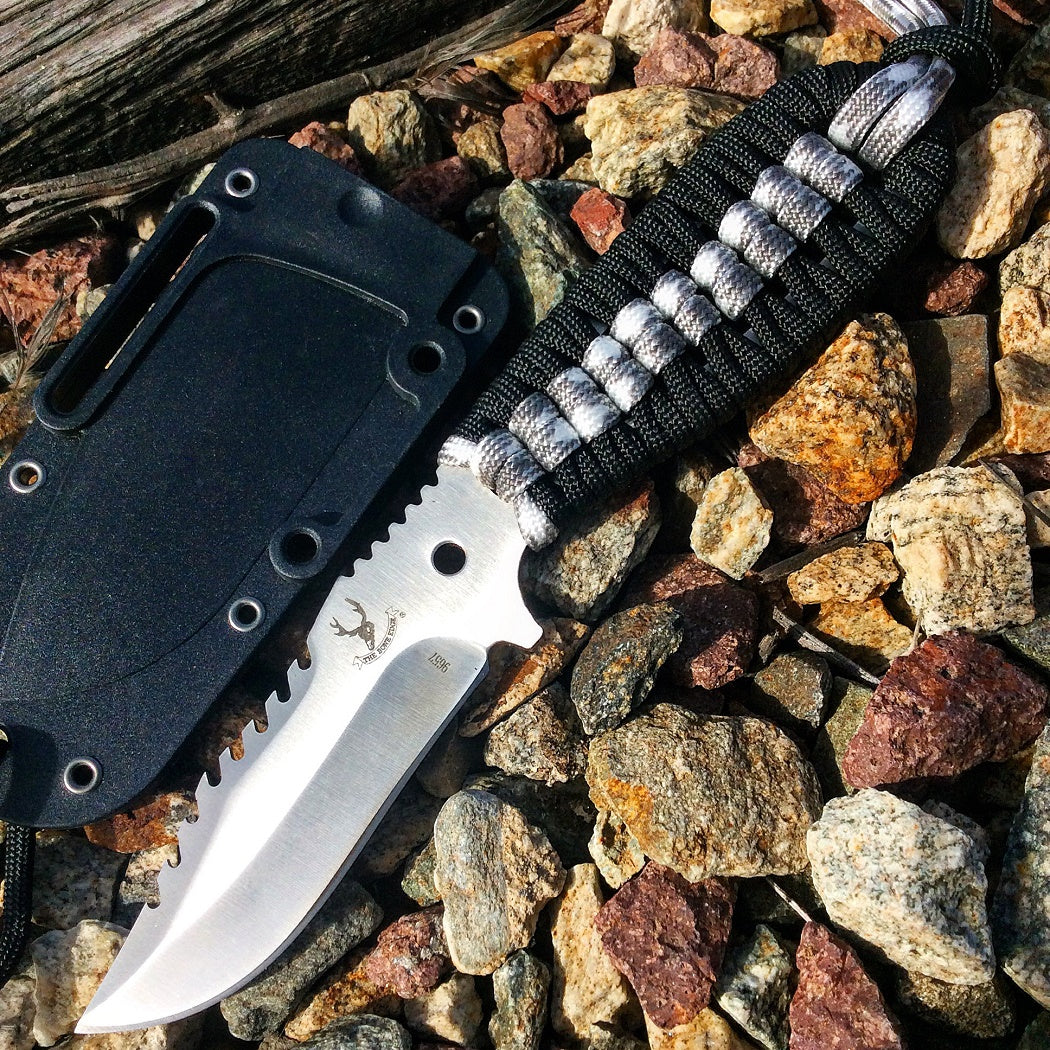 TheBoneEdge 7.5"  Hunting Tactical Knife With Sheath Winter Camo & Black Cord Handle