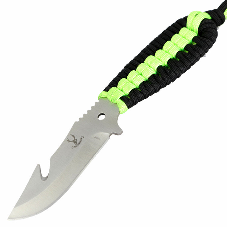 TheBoneEdge 7.5" Hunting Tactical Knife w/ Sheath and Green & Black Strap Handle