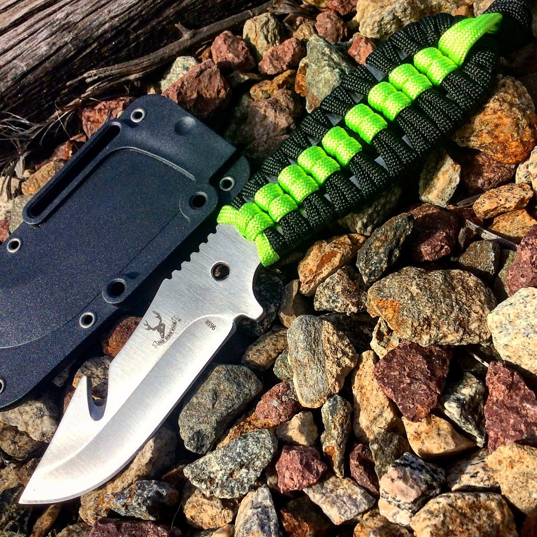 TheBoneEdge 7.5" Hunting Tactical Knife w/ Sheath and Green & Black Strap Handle