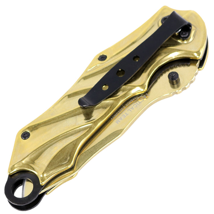 TheBoneEdge 8" Gold Color Spring Assisted Tactical Rescue Knife With Belt Clip