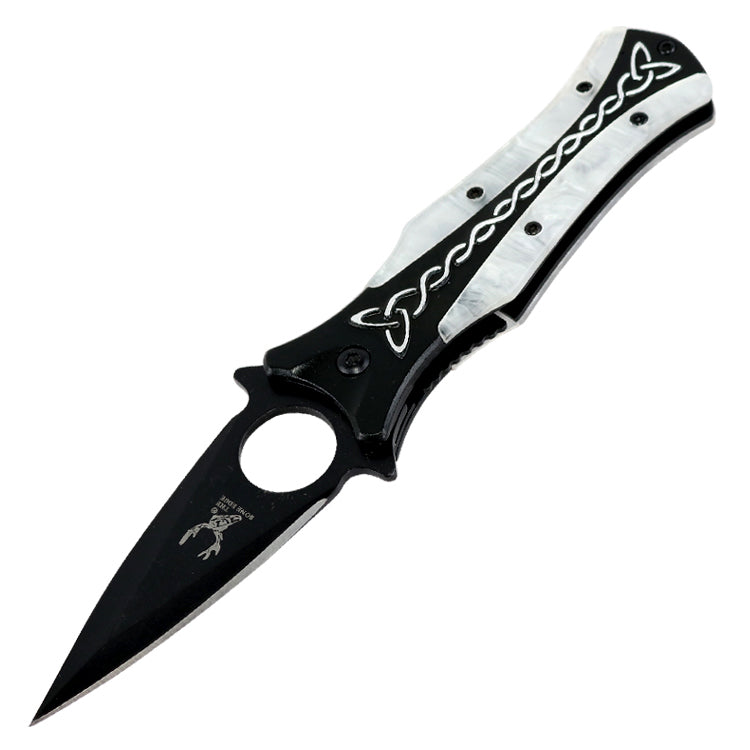 TheBoneEdge 8" Black/White Spring Assisted Tactical Rescue Knife With Belt Clip