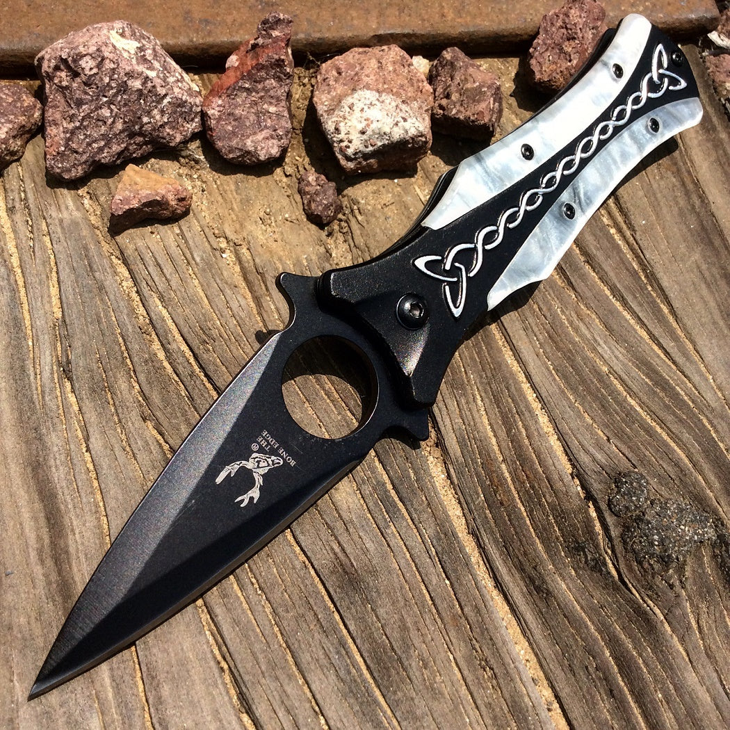 TheBoneEdge 8" Black/White Spring Assisted Tactical Rescue Knife With Belt Clip