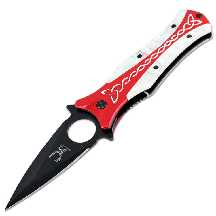 TheBoneEdge 8" Red & White Spring Assisted Tactical Rescue Knife With Belt Clip