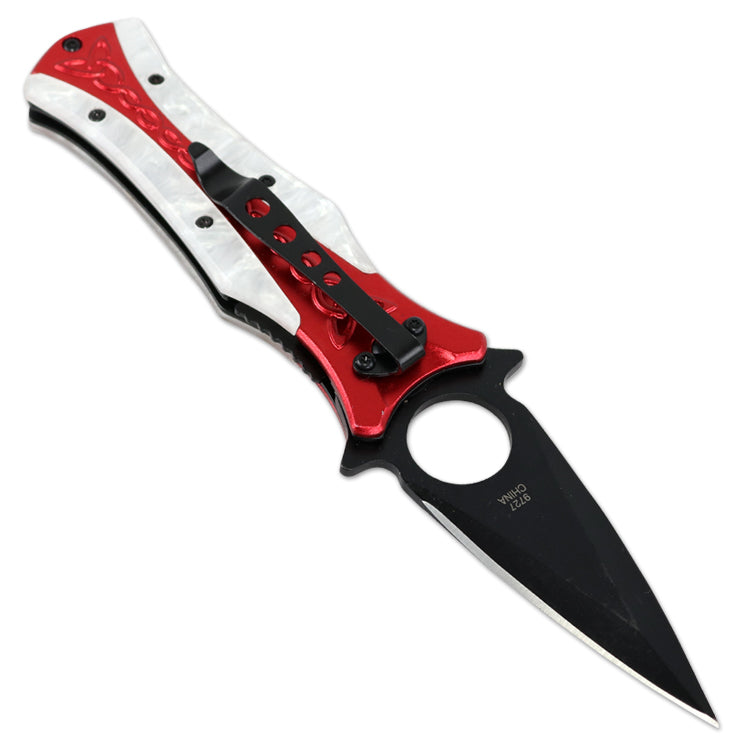 TheBoneEdge 8" Red & White Spring Assisted Tactical Rescue Knife With Belt Clip