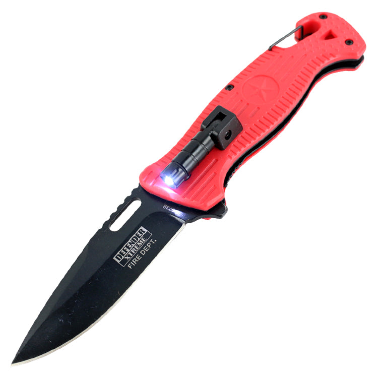 Defender-Xtreme 8" Spring Assisted Folding Knife Mini LED Flashlight Red Handle