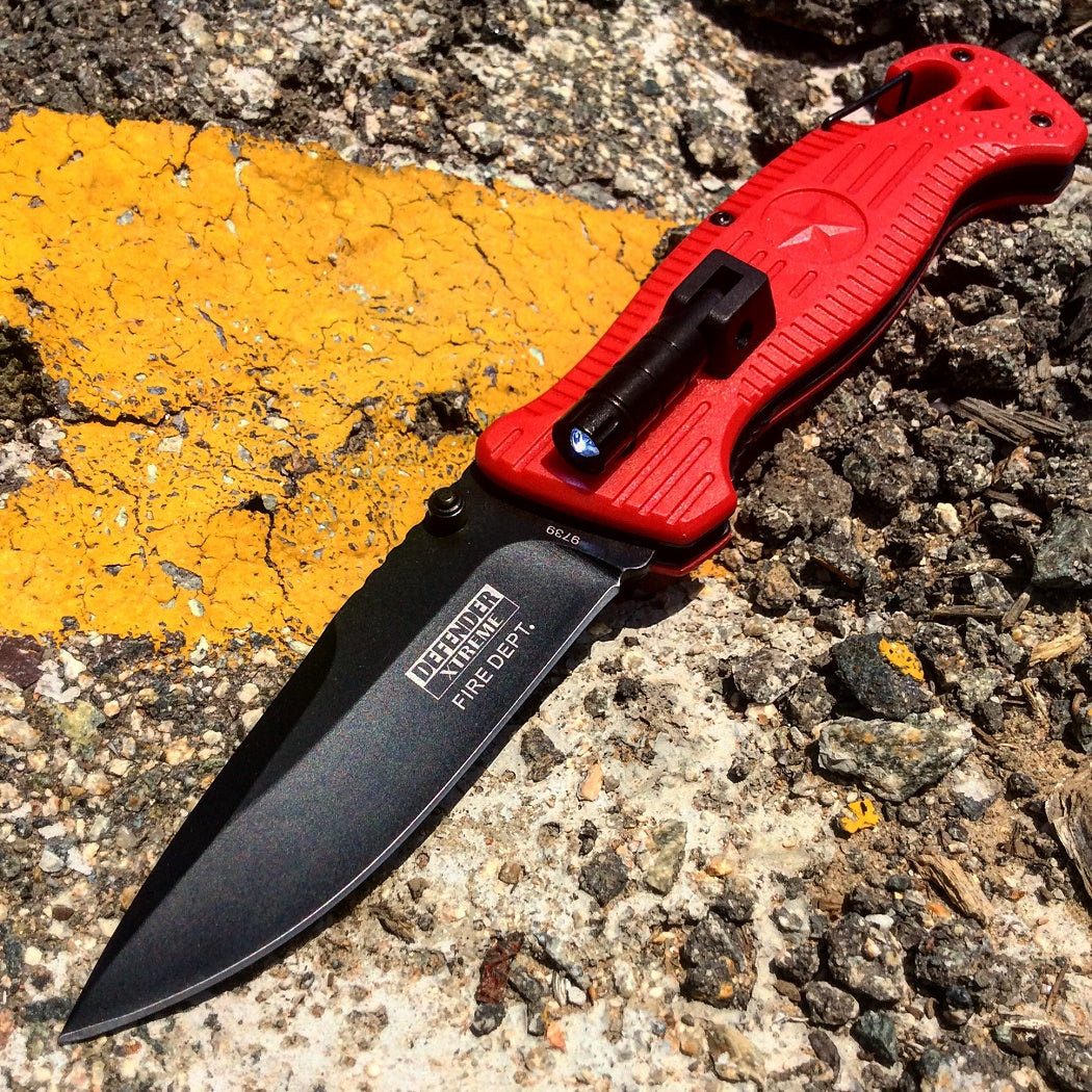 Defender-Xtreme 8" Spring Assisted Folding Knife Mini LED Flashlight Red Handle