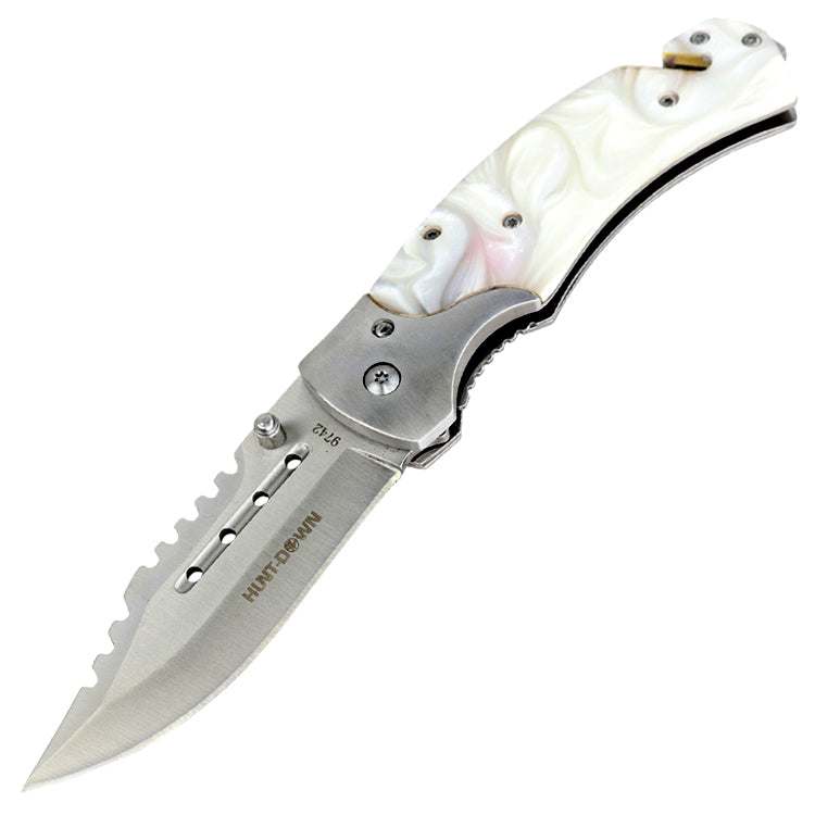 Hunt-Down 8" Spring Assisted Knife Tactical Rescue Pocket Knife - White Swirl Handle