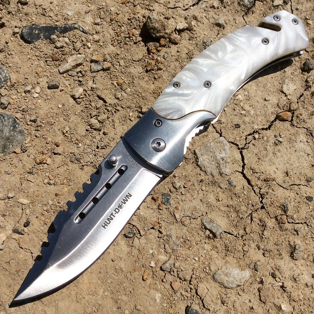 Hunt-Down 8" Spring Assisted Knife Tactical Rescue Pocket Knife - White Swirl Handle