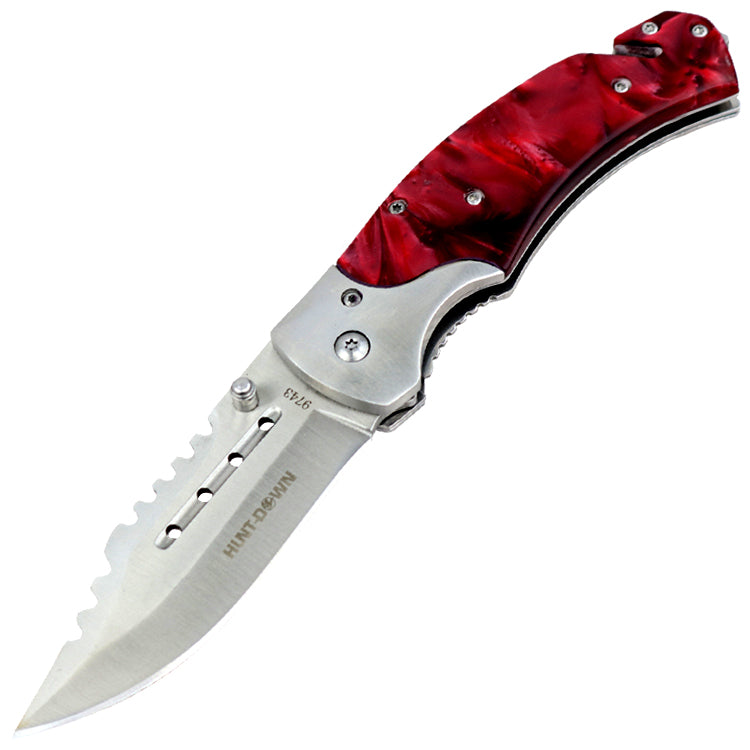 Hunt-Down 8" Spring Assisted Tactical Rescue Pocket Knife - Maroon Handle