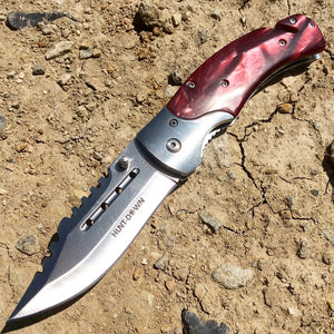 Hunt-Down 8" Spring Assisted Tactical Rescue Pocket Knife - Maroon Handle