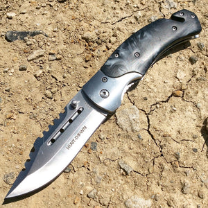Hunt-Down 8" Spring Assisted Tactical Rescue Pocket Knife - Black & White Swirl Handle