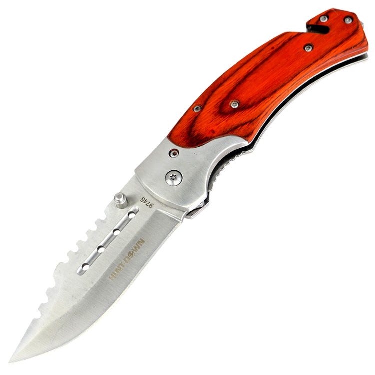 Hunt-Down 8" Spring Assisted Tactical Rescue Pocket Knife - Wood Handle