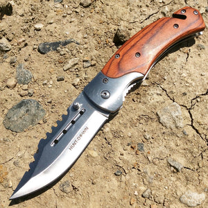 Hunt-Down 8" Spring Assisted Tactical Rescue Pocket Knife - Wood Handle