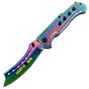 Hunt-Down 9" Spring Assisted Folding Knife Slotted Edge - Rainbow Blade & Handle