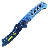 Hunt-Down 9" Spring Assisted Folding Knife Slotted Edge - Blue Blade & Handle