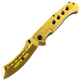 Hunt-Down 9" Spring Assisted Folding Knife Slotted Edge - Gold Blade & Handle